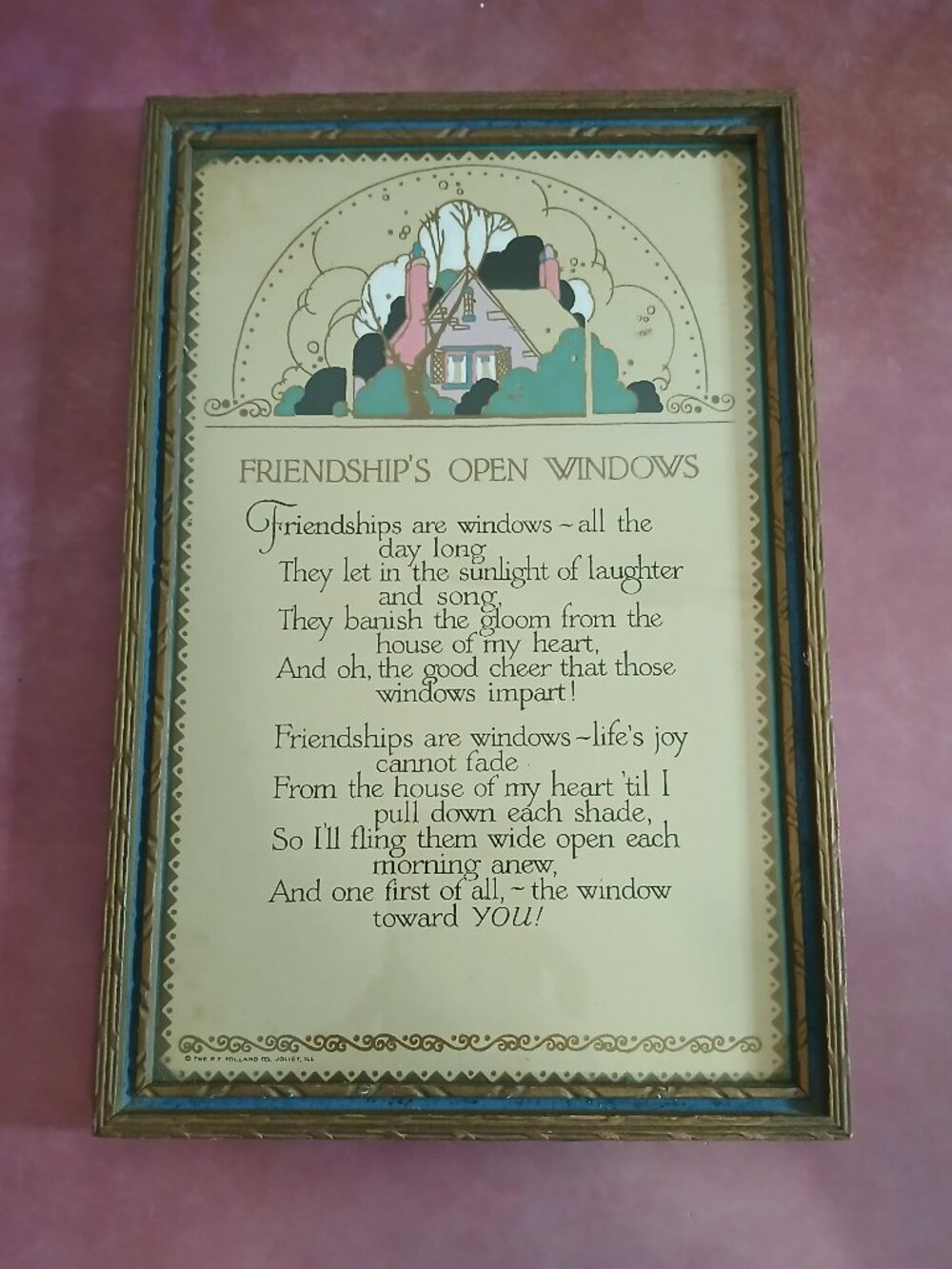 Antique Framed Poem "Friendship's Open Windows"-Art Deco. Style